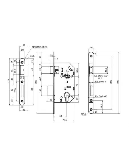 SERRUPRO - Boitier de serrure encastrable pour porte d'entrée à têtière noire - NF