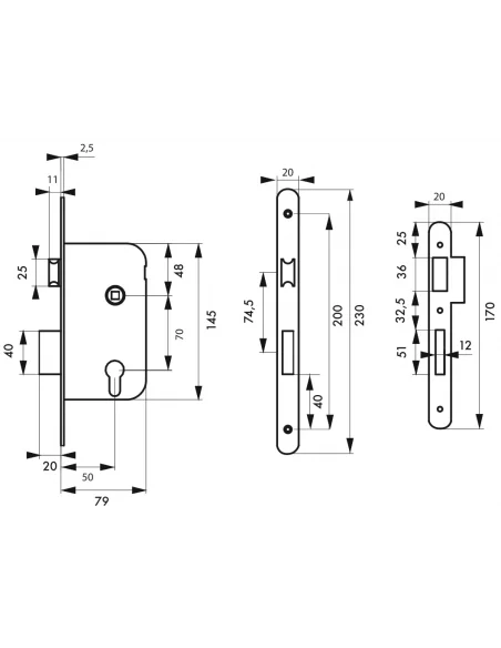 SERRUPRO - Boîtier de serrure encastrable pour porte d'entrée à cylindre - V/BC/L