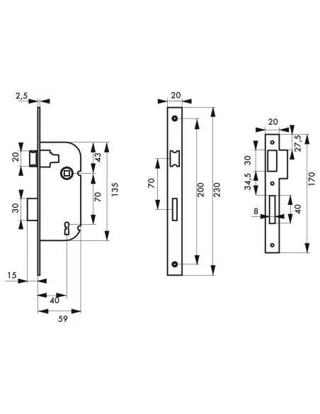 SERRUPRO - Serrure encastrable pour porte d'entrée à 3 gorges - V/BR