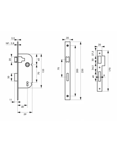 SERRUPRO - Serrure encastrable pour porte intérieure à pêne dormant ½ tour - V/BR SERRUPRO - Serrure encastrable pour porte intérieure à pêne dormant ½ tour - V/BR