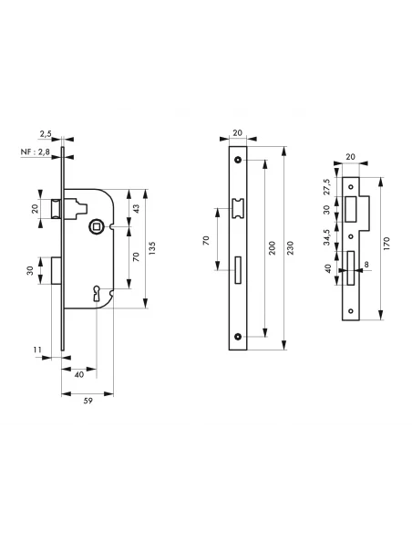 SERRUPRO - Serrure encastrable pour porte intérieure à pêne dormant ½ tour - V/BR