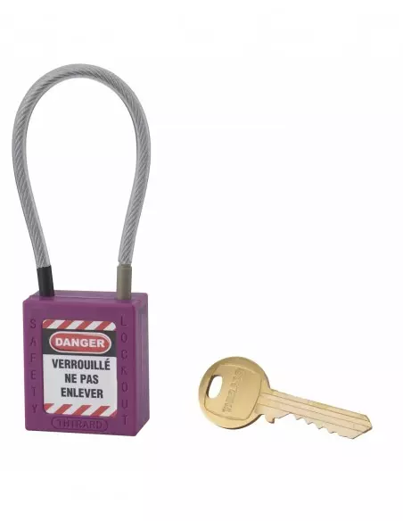 Cadenas de consignation LOTO Lockout Tagout 38 mm câble inox gainé Ø 4,76 x 150 mm - 1 clé violet