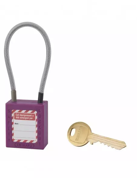 Cadenas de consignation LOTO Lockout Tagout 38 mm câble inox gainé Ø 4,76 x 150 mm - 1 clé violet