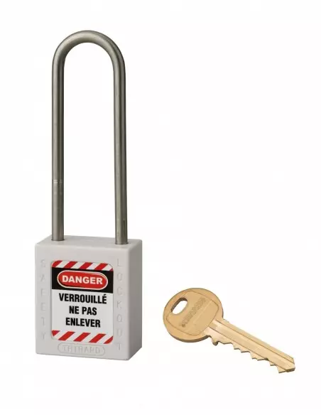 Cadenas de consignation LOTO Lockout Tagout 38 mm anse haute inox Ø 4,76 blanc