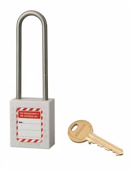 Cadenas de consignation LOTO Lockout Tagout 38 mm anse haute inox Ø 4,76 blanc