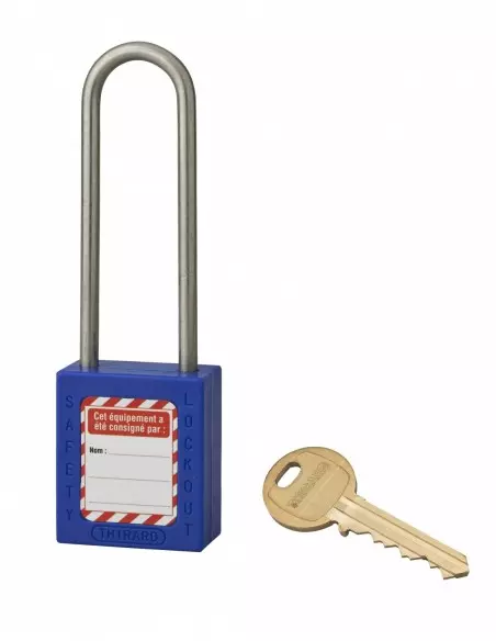 Cadenas de consignation LOTO Lockout Tagout 38 mm anse haute inox Ø 4,76 bleu