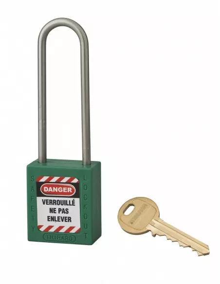 Cadenas de consignation LOTO Lockout Tagout 38 mm anse haute inox Ø 4,76 vert