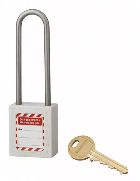 Cadenas de consignation LOTO Lockout Tagout 38 mm anse haute inox Ø 6 blanc