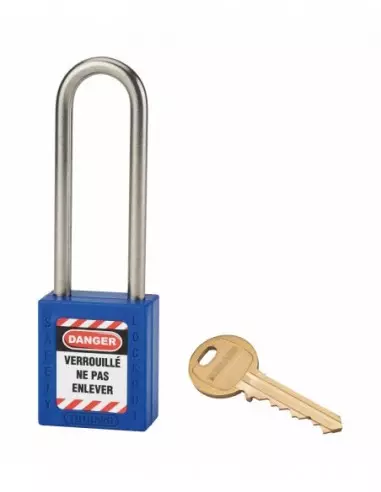 Cadenas de consignation LOTO Lockout Tagout 38 mm anse haute inox Ø 6 bleu