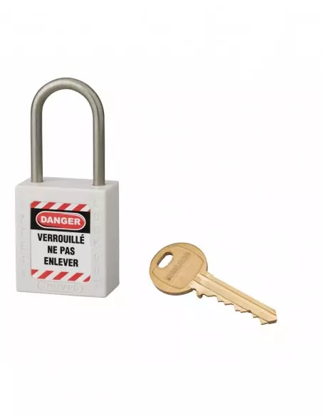 Cadenas de consignation LOTO Lockout Tagout 38 mm anse inox Ø 4,76 blanc