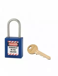 Cadenas de consignation LOTO Lockout Tagout 38 mm anse inox Ø 4,76 bleu