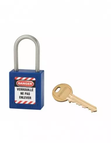 Cadenas de consignation LOTO Lockout Tagout 38 mm anse inox Ø 4,76 bleu