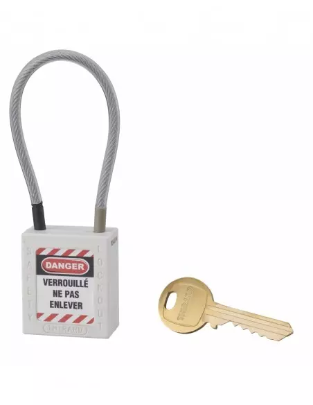 Cadenas de consignation LOTO Lockout Tagout 38 mm câble inox gainé Ø 4,76 x 150 mm - 1 clé blanc