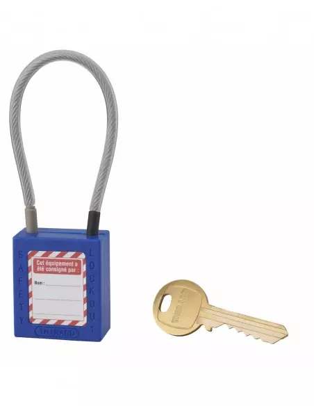 Cadenas de consignation LOTO Lockout Tagout 38 mm câble inox gainé Ø 4,76 x 150 mm - 1 clé bleu