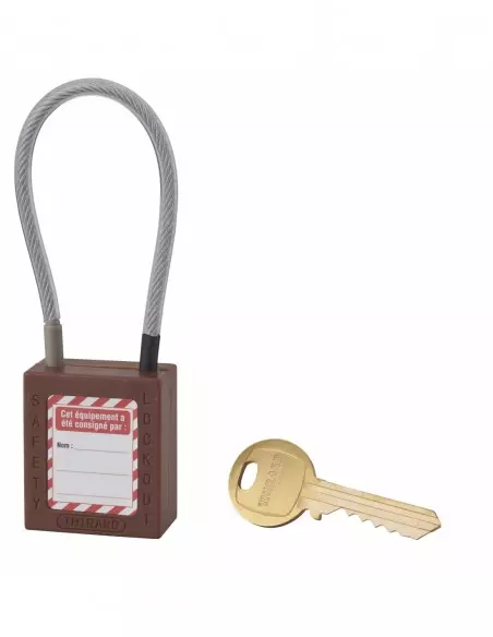 Cadenas de consignation LOTO Lockout Tagout 38 mm câble inox gainé Ø 4,76 x 150 mm - 1 clé brown