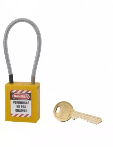 Cadenas de consignation LOTO Lockout Tagout 38 mm câble inox gainé Ø 4,76 x 150 mm - 1 clé jaune