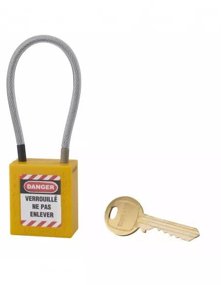 Cadenas de consignation LOTO Lockout Tagout 38 mm câble inox gainé Ø 4,76 x 150 mm - 1 clé jaune