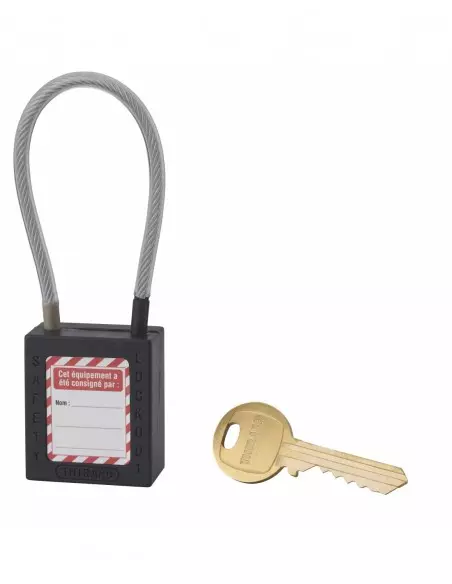 Cadenas de consignation LOTO Lockout Tagout 38 mm câble inox gainé Ø 4,76 x 150 mm - 1 clé noir