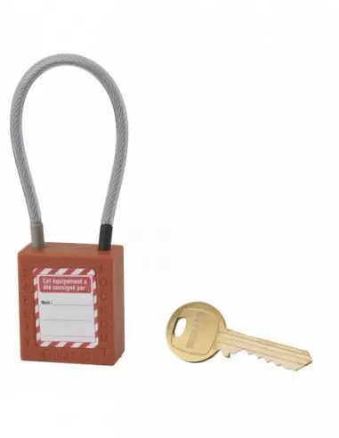 Cadenas de consignation LOTO Lockout Tagout 38 mm câble inox gainé Ø 4,76 x 150 mm - 1 clé orange Cadenas de consignation LOTO Lockout Tagout 38 mm câble inox gainé Ø 4,76 x 150 mm - 1 clé orange