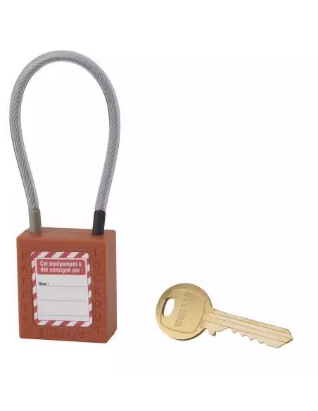 Cadenas de consignation LOTO Lockout Tagout 38 mm câble inox gainé Ø 4,76 x 150 mm - 1 clé orange