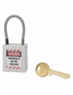 Cadenas de consignation LOTO Lockout Tagout 38 mm câble inox gainé Ø 4,76 x 90 mm - 1 clé blanc