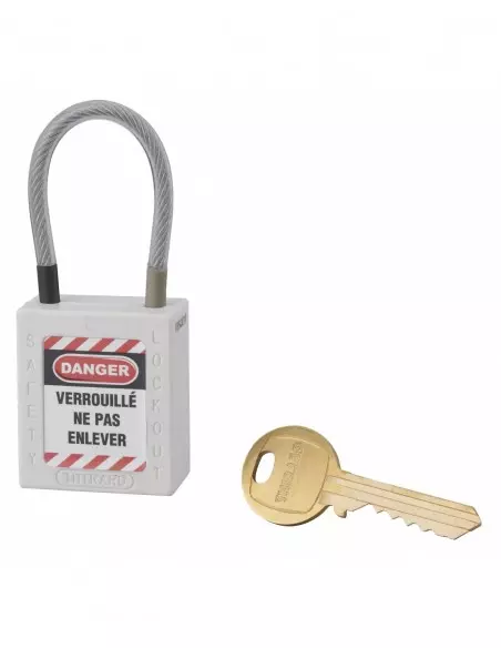 Cadenas de consignation LOTO Lockout Tagout 38 mm câble inox gainé Ø 4,76 x 90 mm - 1 clé blanc