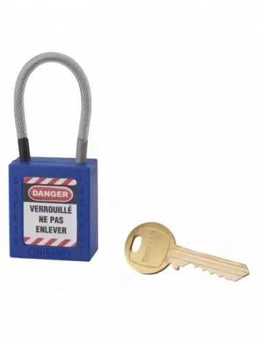 Cadenas de consignation LOTO Lockout Tagout 38 mm câble inox gainé Ø 4,76 x 90 mm - 1 clé bleu