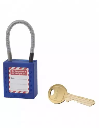 Cadenas de consignation LOTO Lockout Tagout 38 mm câble inox gainé Ø 4,76 x 90 mm - 1 clé bleu Cadenas de consignation LOTO Lockout Tagout 38 mm câble inox gainé Ø 4,76 x 90 mm - 1 clé bleu
