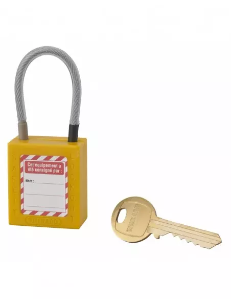 Cadenas de consignation LOTO Lockout Tagout 38 mm câble inox gainé Ø 4,76 x 90 mm - 1 clé jaune