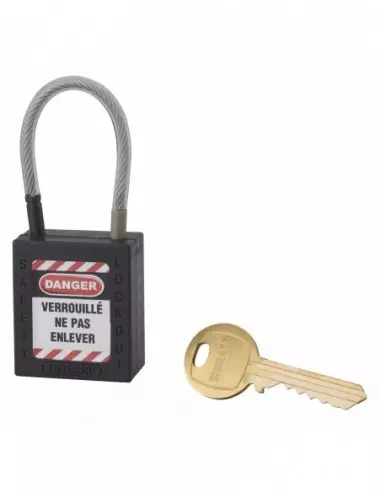 Cadenas de consignation LOTO Lockout Tagout 38 mm câble inox gainé Ø 4,76 x 90 mm - 1 clé noir