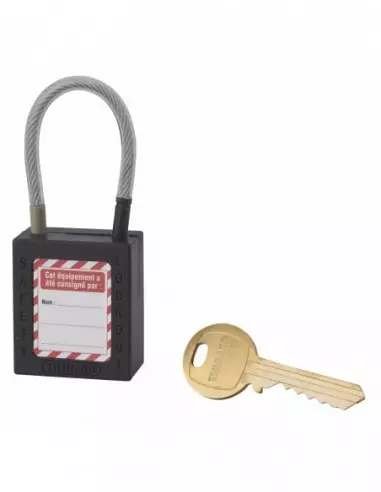 Cadenas de consignation LOTO Lockout Tagout 38 mm câble inox gainé Ø 4,76 x 90 mm - 1 clé noir Cadenas de consignation LOTO Lockout Tagout 38 mm câble inox gainé Ø 4,76 x 90 mm - 1 clé noir