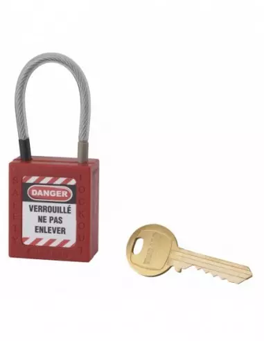 Cadenas de consignation LOTO Lockout Tagout 38 mm câble inox gainé Ø 4,76 x 90 mm - 1 clé rouge