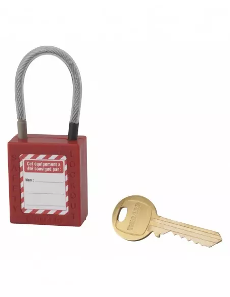 Cadenas de consignation LOTO Lockout Tagout 38 mm câble inox gainé Ø 4,76 x 90 mm - 1 clé rouge