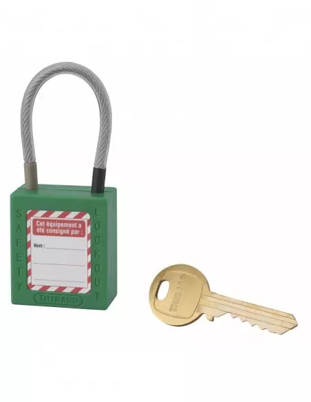 Cadenas de consignation LOTO Lockout Tagout 38 mm câble inox gainé Ø 4,76 x 90 mm - 1 clé vert