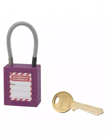 Cadenas de consignation LOTO Lockout Tagout 38 mm câble inox gainé Ø 4,76 x 90 mm - 1 clé violet