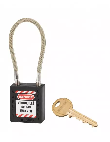 Cadenas de consignation LOTO Lockout Tagout 38 mm câble inox gainé Ø 6 x 150 mm - 1 clé noir