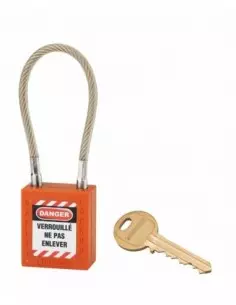 Cadenas de consignation LOTO Lockout Tagout 38 mm câble inox gainé Ø 6 x 150 mm - 1 clé orange