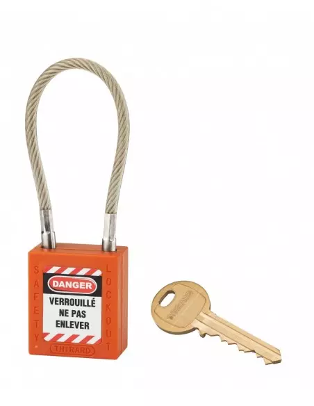 Cadenas de consignation LOTO Lockout Tagout 38 mm câble inox gainé Ø 6 x 150 mm - 1 clé orange