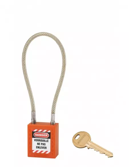 Cadenas de consignation LOTO Lockout Tagout 38 mm câble inox gainé Ø 6 x 240 mm - 1 clé orange