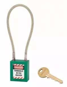 Cadenas de consignation LOTO Lockout Tagout 38 mm câble inox gainé Ø 6 x 240 mm - 1 clé vert