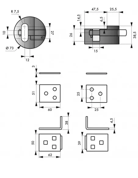 Kit porte-cadenas + cadenas Ø 73 mm 2 clés