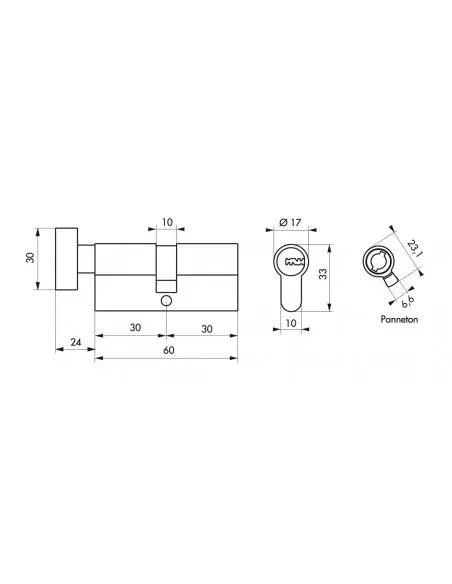 Cylindre bouton 30x30 mm 5 clés longues fonction urgence