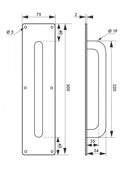 Poignée tirage inox avec plaque 300x75 mm