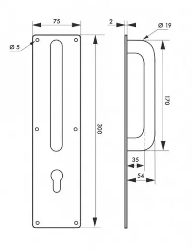 Poignée tirage inox avec plaque 300x75 mm - pour cylindre profilé Poignée tirage inox avec plaque 300x75 mm - pour cylindre profilé