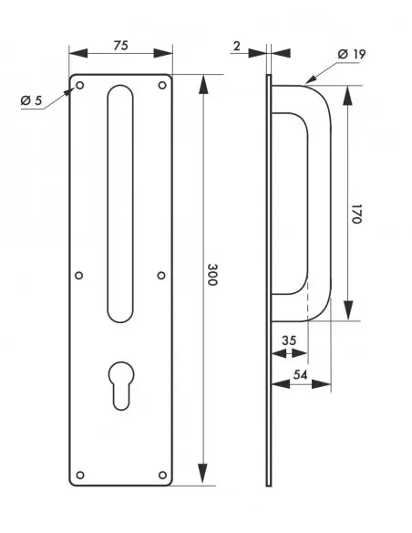 Poignée tirage inox avec plaque 300x75 mm - pour cylindre profilé