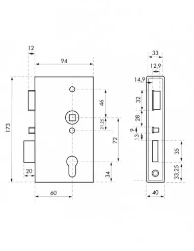 Boîtier serrure l40mm avec coffre pour portail - droite Boîtier serrure l40mm avec coffre pour portail - droite