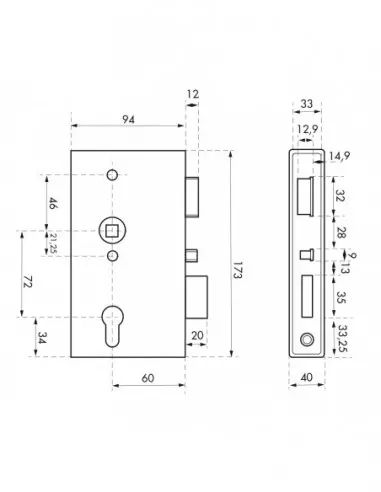 Boîtier serrure l40mm avec coffre pour portail - gauche Boîtier serrure l40mm avec coffre pour portail - gauche