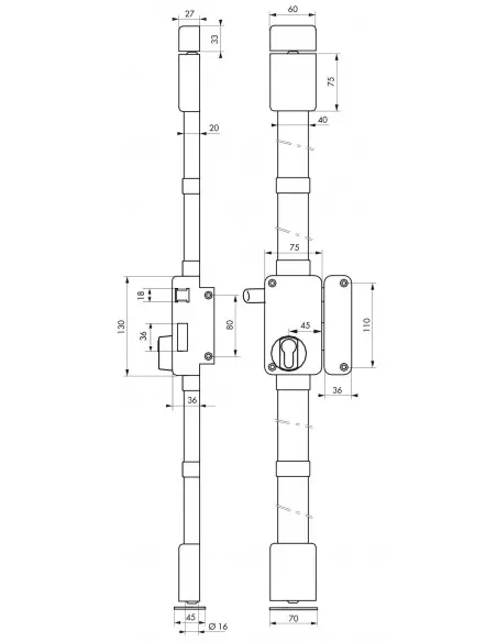 Boîtier de serrure beluga cp marron à tirage 75 x 130 mm droite