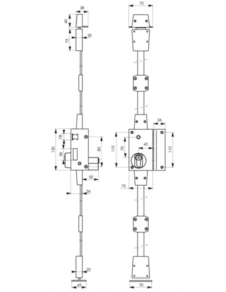 Serrure verti bronze cp à fouillot 75 x 130 mm droite 4 clés