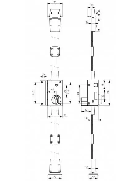 Serrure verti bronze cp à fouillot 75 x 130 mm gauche 4 clés